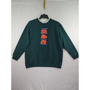 VTG Bobbie Brooks Pumpkins Embroidered Sweatshirt Mock Neck Green Women's Large